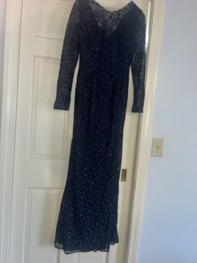 Navy Blue Long Sleeve Lace Gown